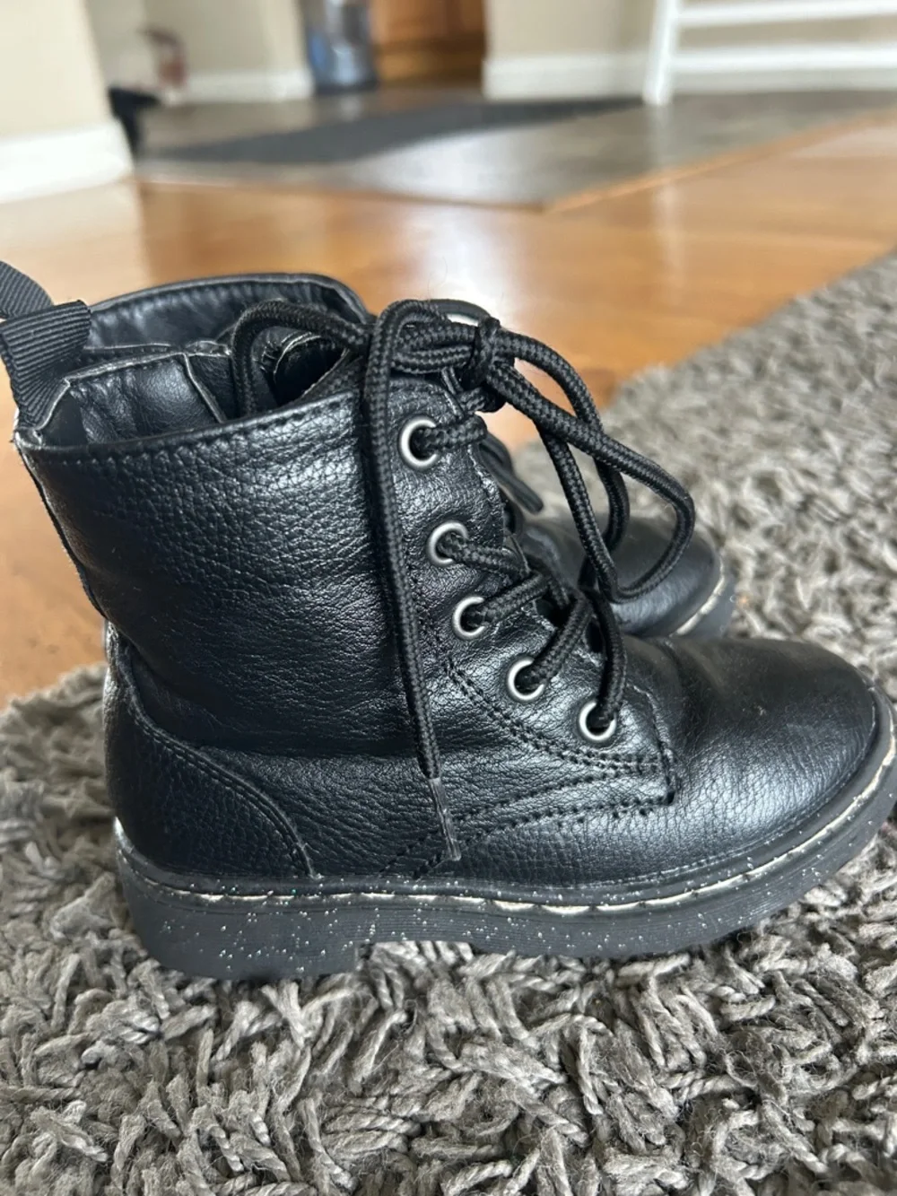 Sincerly Jules Toddler Black Combat Lace Boots - Glitter Sole Size 9